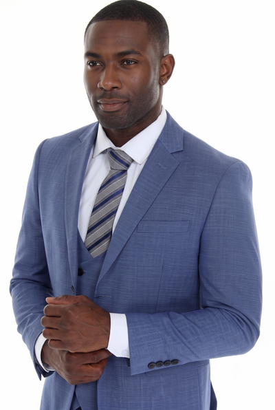 Blue Men's 3-Piece Suit: Notch Lapel Jacket, Double-Breasted Vest & Pants, Active 2-Way Stretch Fabric