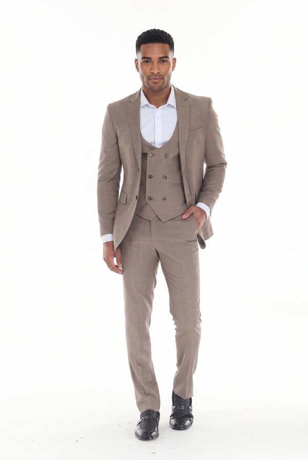 Beige Men's 3-Piece Suit: Notch Lapel Jacket, Double-Breasted Vest & Pants, Active 2-Way Stretch Fabric