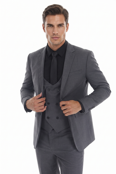 Gray Men's 3-Piece Suit: Notch Lapel Jacket, Double-Breasted Vest & Pants, Active 2-Way Stretch Fabric