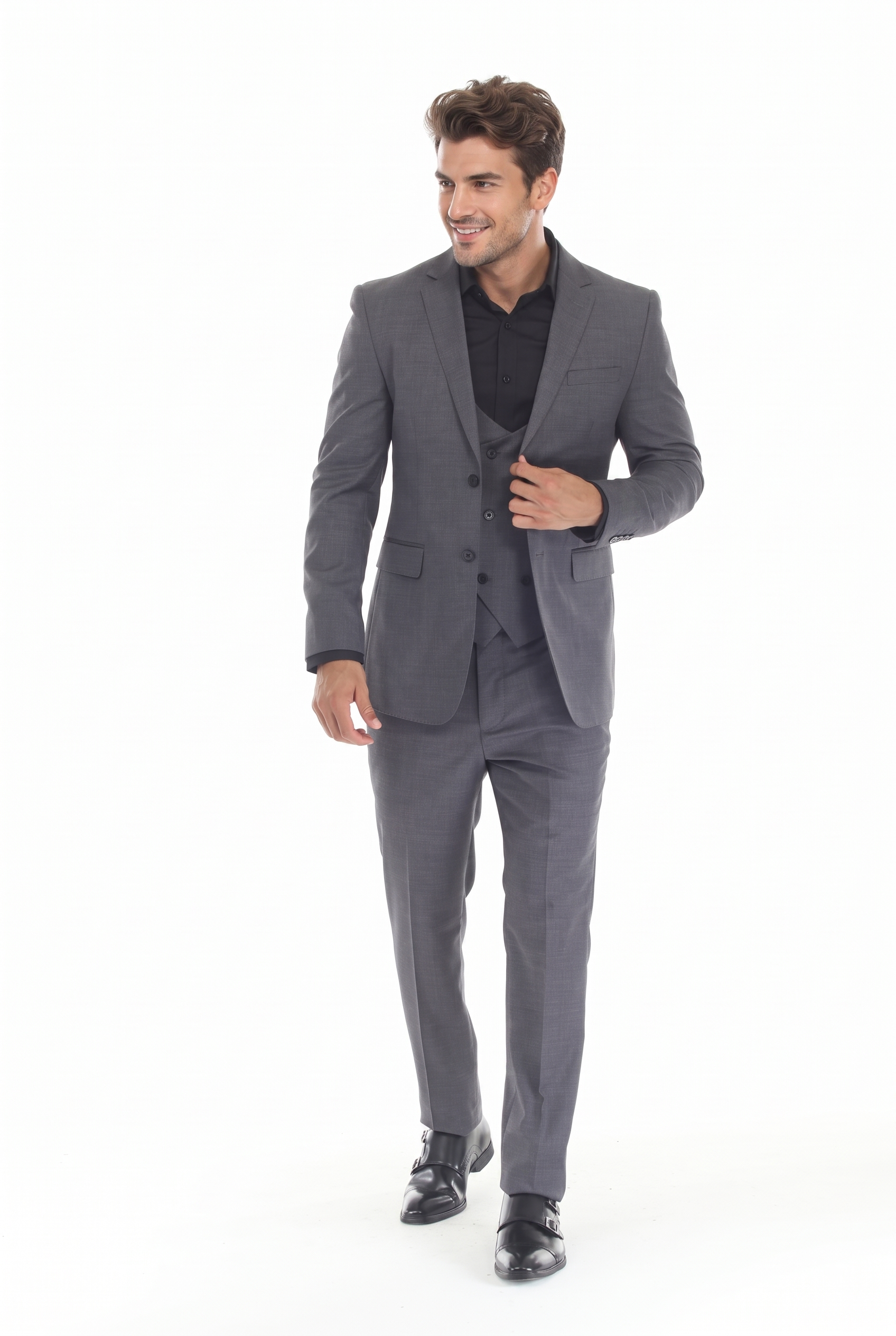 Gray Men's 3-Piece Suit: Notch Lapel Jacket, Double-Breasted Vest & Pants, Active 2-Way Stretch Fabric
