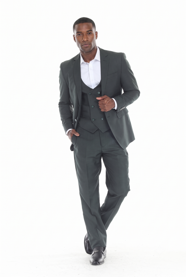Green Men's 3-Piece Suit: Notch Lapel Jacket, Double-Breasted Vest & Pants, Active 2-Way Stretch Fabric