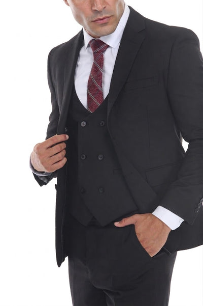 Men's 3-Piece Slim Fit Suit with Notch Lapel Jacket and Double-Breasted Vest for Business Occasions