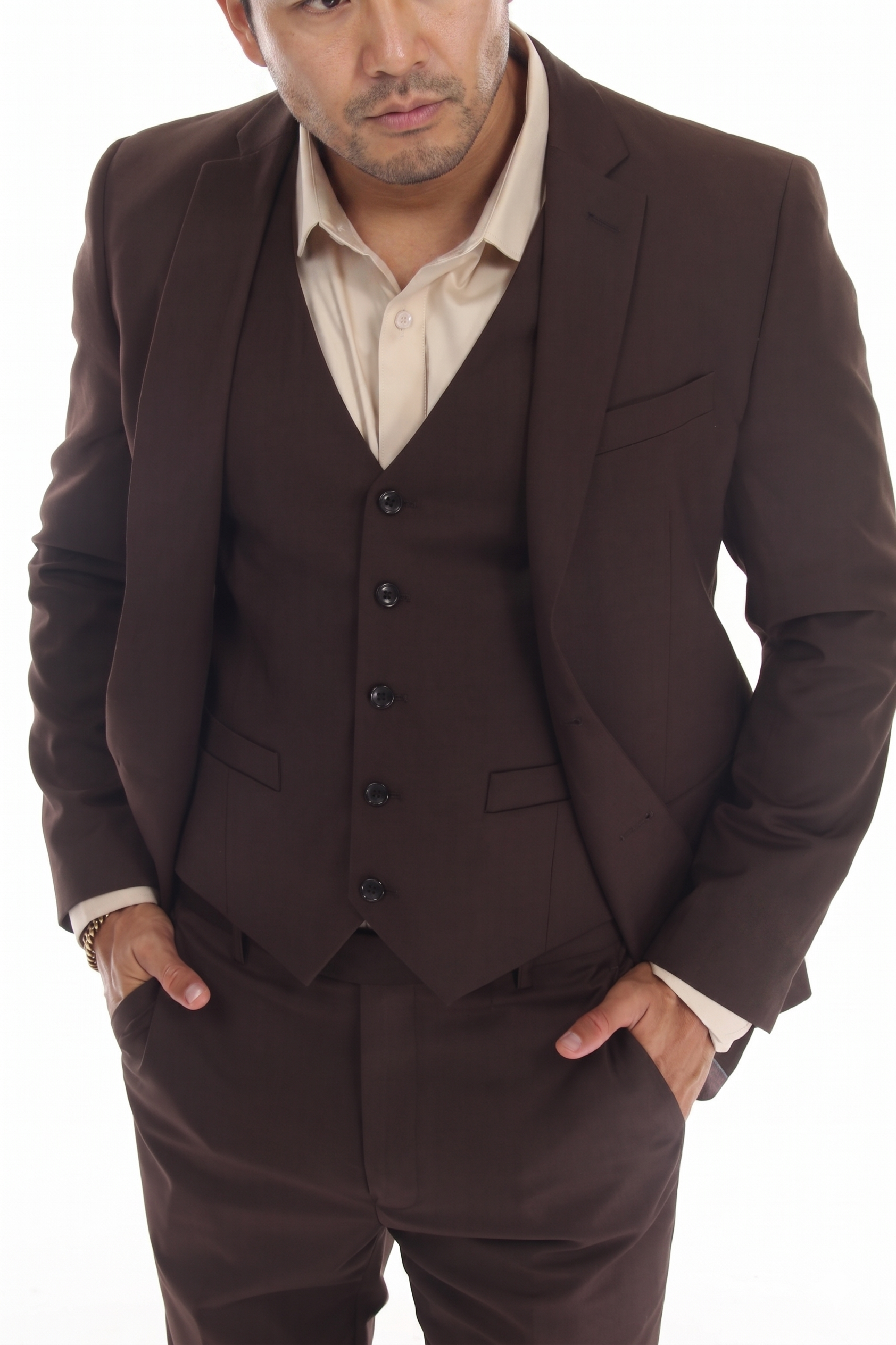 Choclate Brown Men's 3-Piece Tailored Slim Fit Suit with Notch Lapel Blazer, Double-Breasted Vest