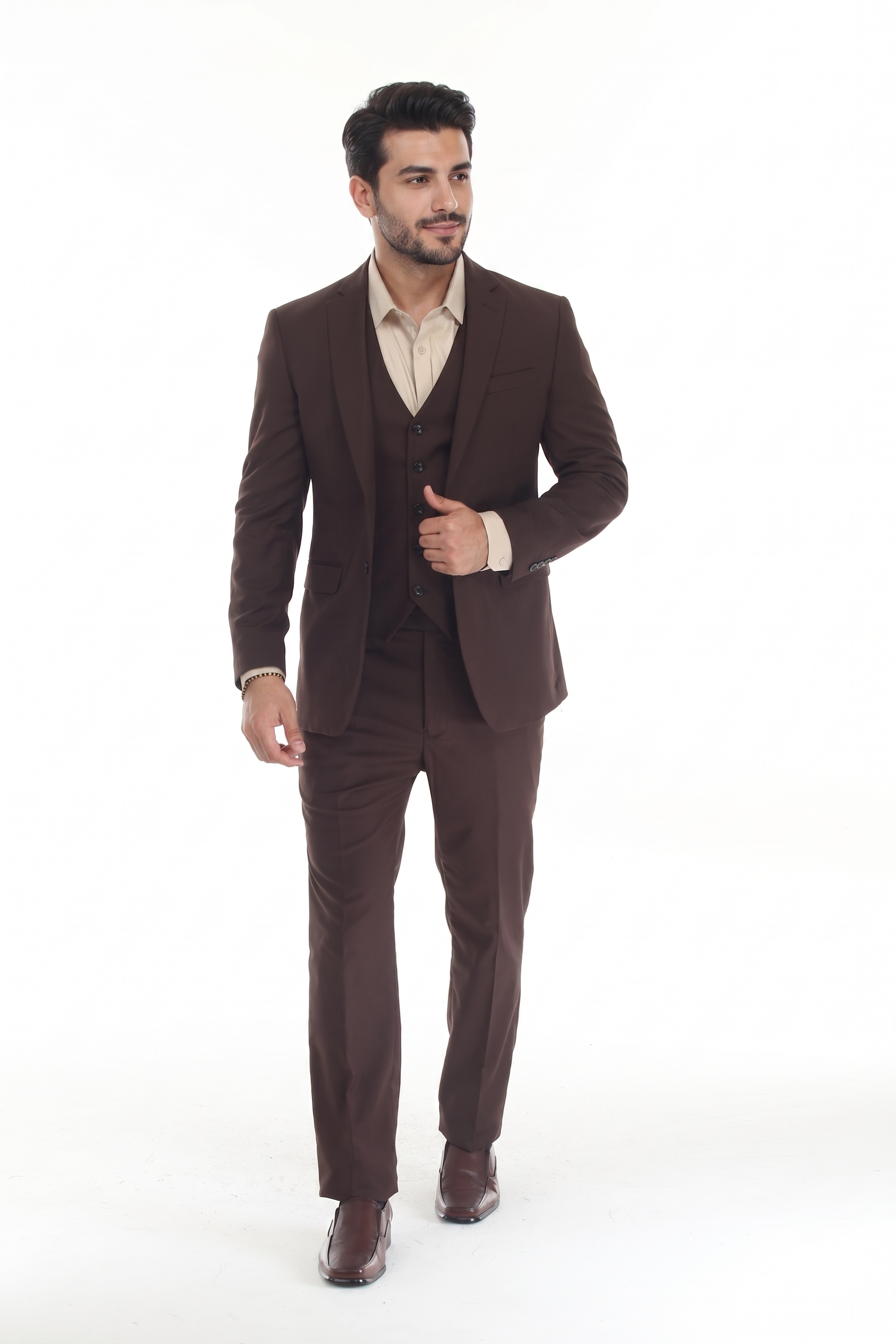 Choclate Brown Men's 3-Piece Tailored Slim Fit Suit with Notch Lapel Blazer, Double-Breasted Vest