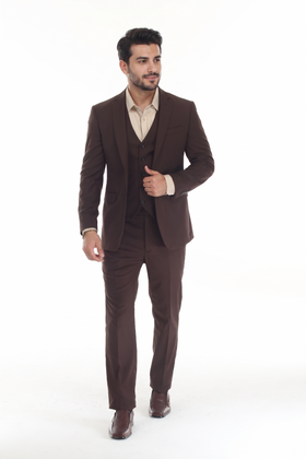 Choclate Brown Men's 3-Piece Tailored Slim Fit Suit with Notch Lapel Blazer, Double-Breasted Vest