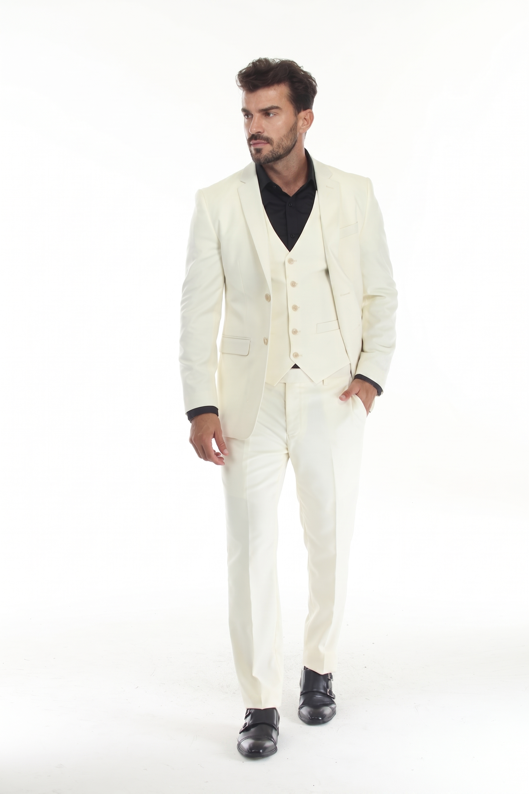 Ivory Men's 3-Piece Tailored Slim Fit Suit with Notch Lapel Blazer, Double-Breasted Vest