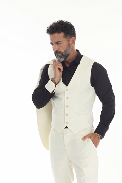 Ivory Men's 3-Piece Tailored Slim Fit Suit with Notch Lapel Blazer, Double-Breasted Vest