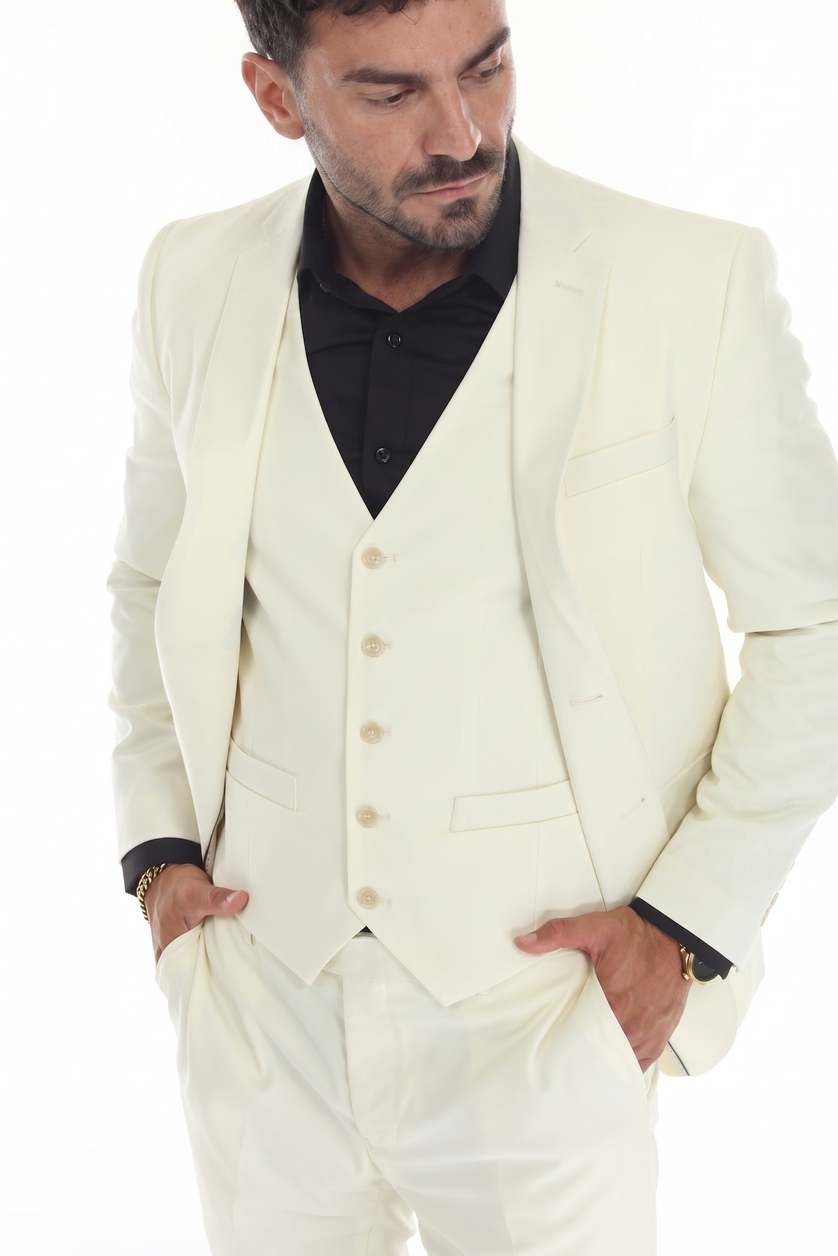 Ivory Men's 3-Piece Tailored Slim Fit Suit with Notch Lapel Blazer, Double-Breasted Vest