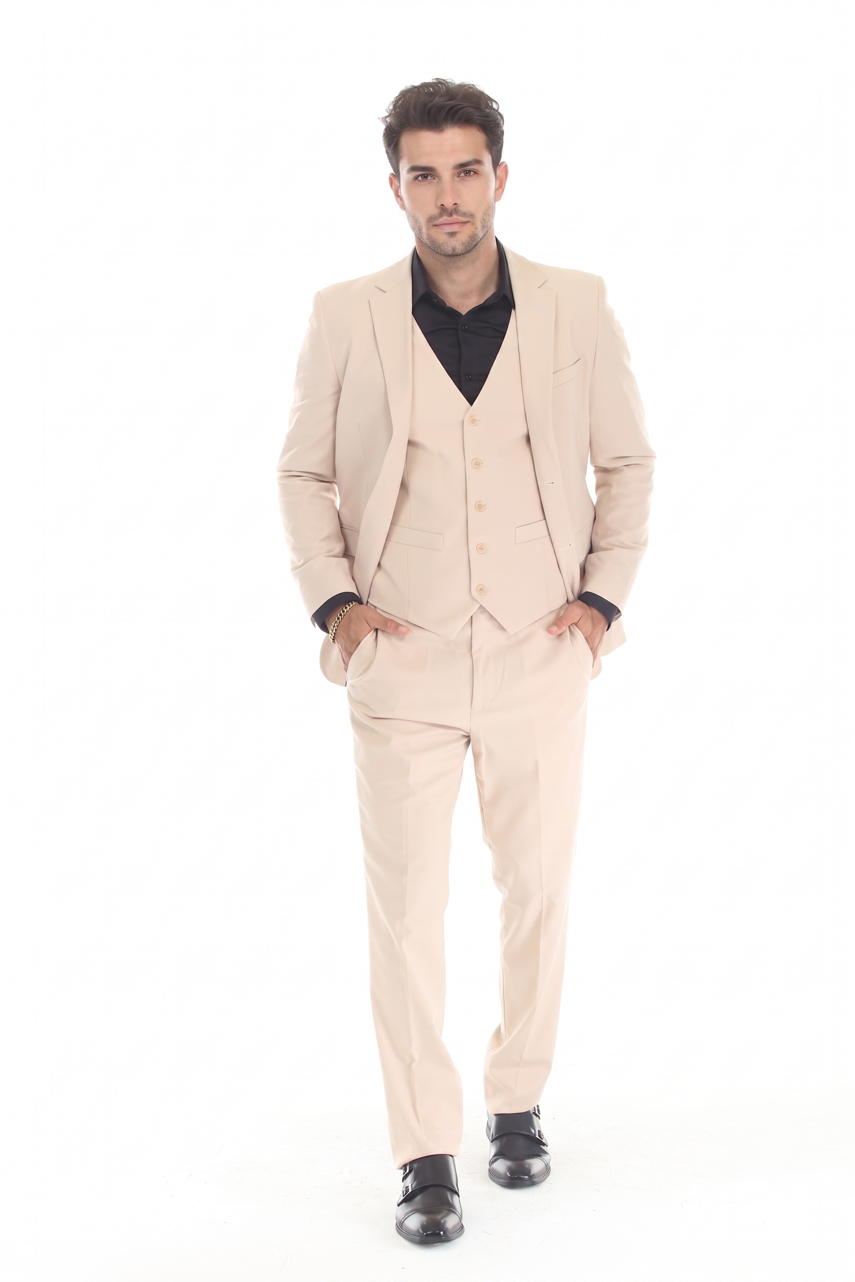 3-Piece Slim Fit Suit with Notch Lapel Blazer, Double-Breasted Vest, and Active 2-Way Stretch