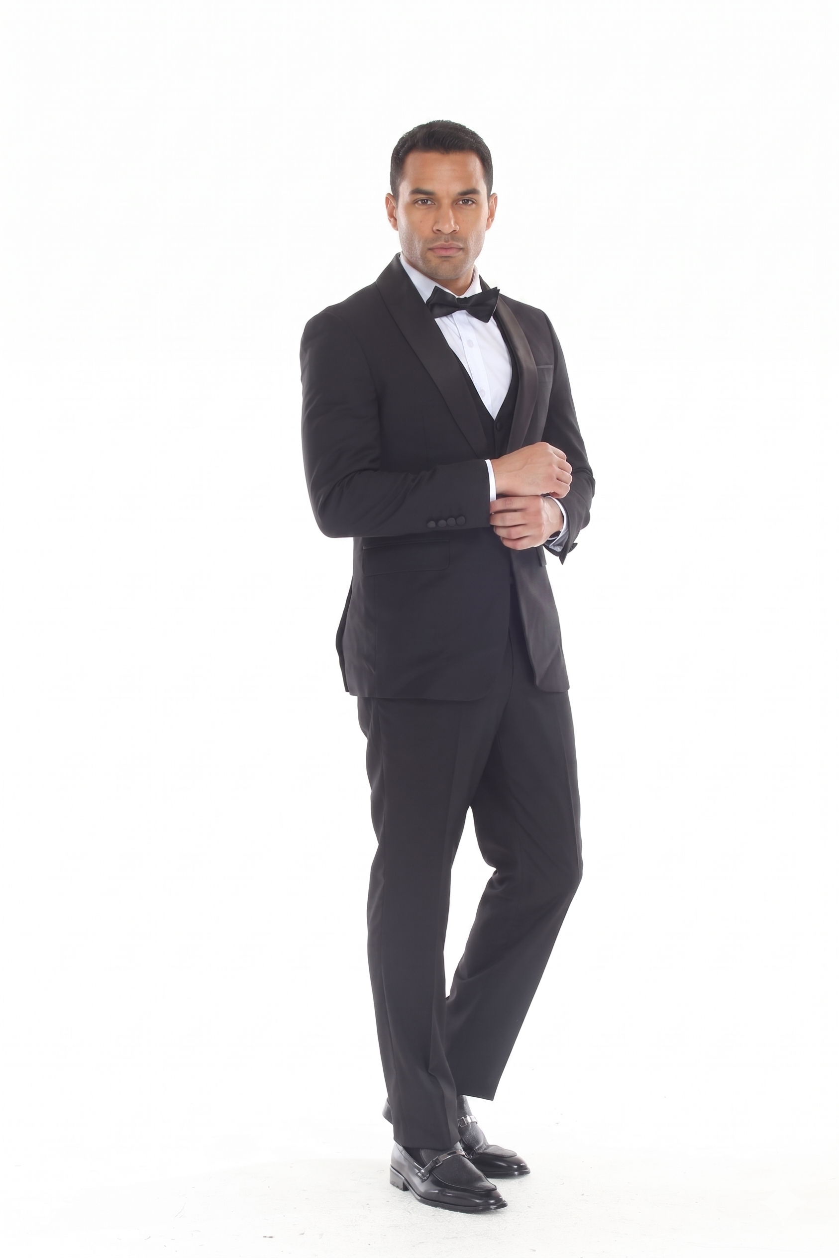 Black 3-Piece Shawl Lapel Tuxedo Suit Slim Fit Jacket, Vest & Expandable Pants Stretch