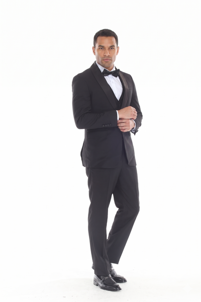 Black 3-Piece Shawl Lapel Tuxedo Suit Slim Fit Jacket, Vest & Expandable Pants Stretch
