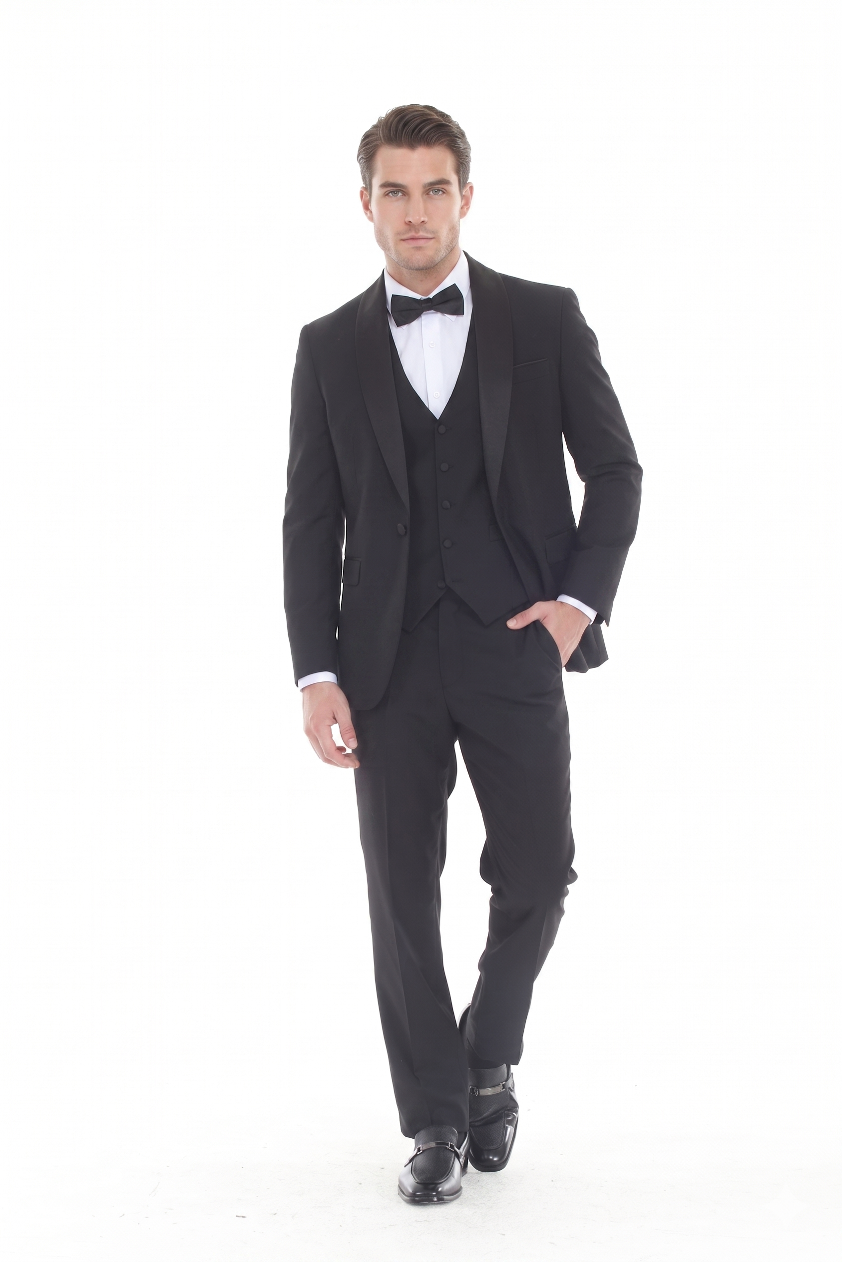 Black 3-Piece Shawl Lapel Tuxedo Suit Slim Fit Jacket, Vest & Expandable Pants Stretch