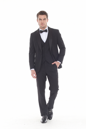 Black 3-Piece Shawl Lapel Tuxedo Suit Slim Fit Jacket, Vest & Expandable Pants Stretch