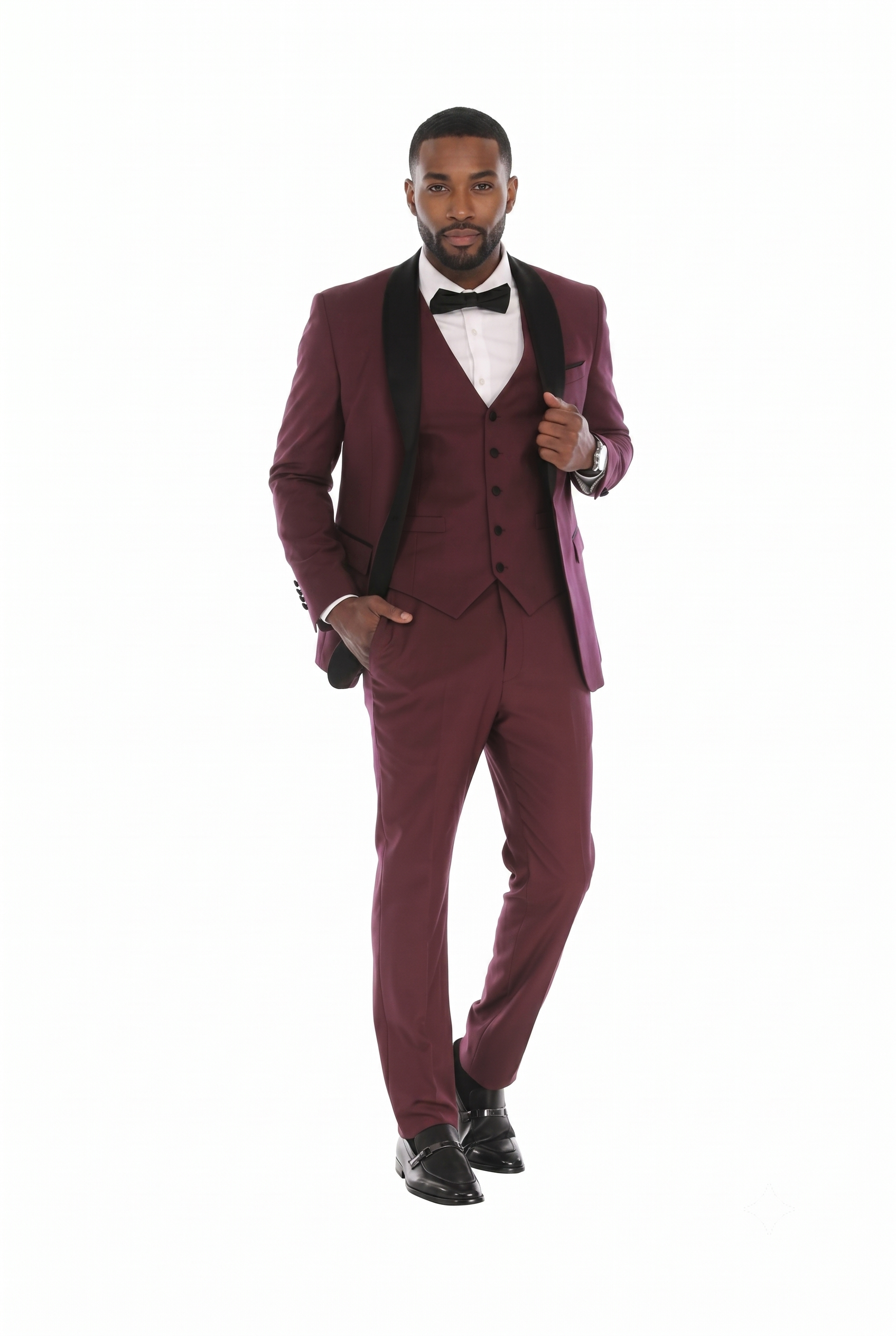 burgundy dress shirt with black vest Burgandy 3-Piece Shawl Lapel Tuxedo Suit, & Expandable Pants Burgandy / 38Short groomsmen and formal parties pattern_Flare Sleeve Aqua Draped Gown - Option:Suit + Slim White Shirt and Tie