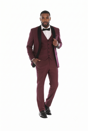 Burgandy 3-Piece Shawl Lapel Tuxedo Suit Slim Fit Jacket, Vest & Expandable Pants Stretch
