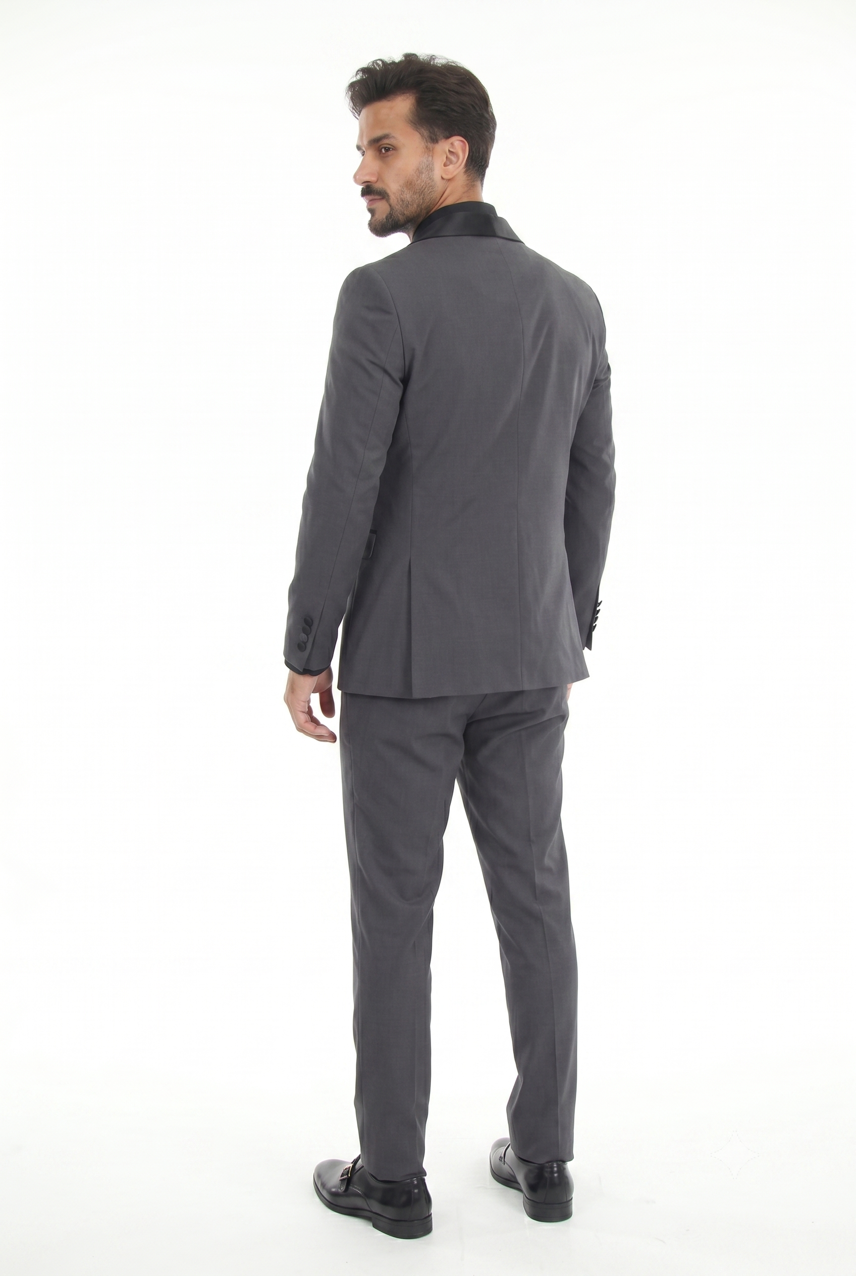 Charcoal 3-Piece Shawl Lapel Tuxedo Suit Slim Fit Jacket, Vest & Expandable Pants Stretch
