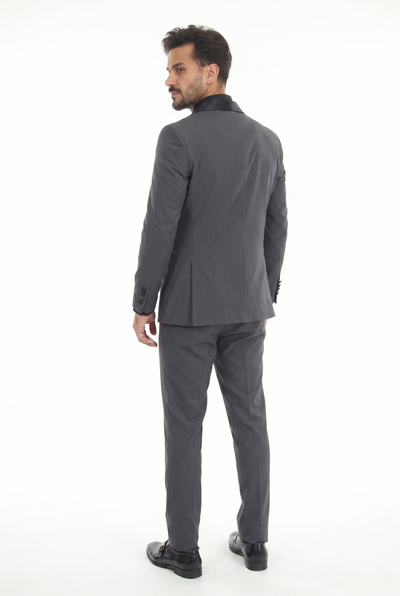 Charcoal 3-Piece Shawl Lapel Tuxedo Suit Slim Fit Jacket, Vest & Expandable Pants Stretch