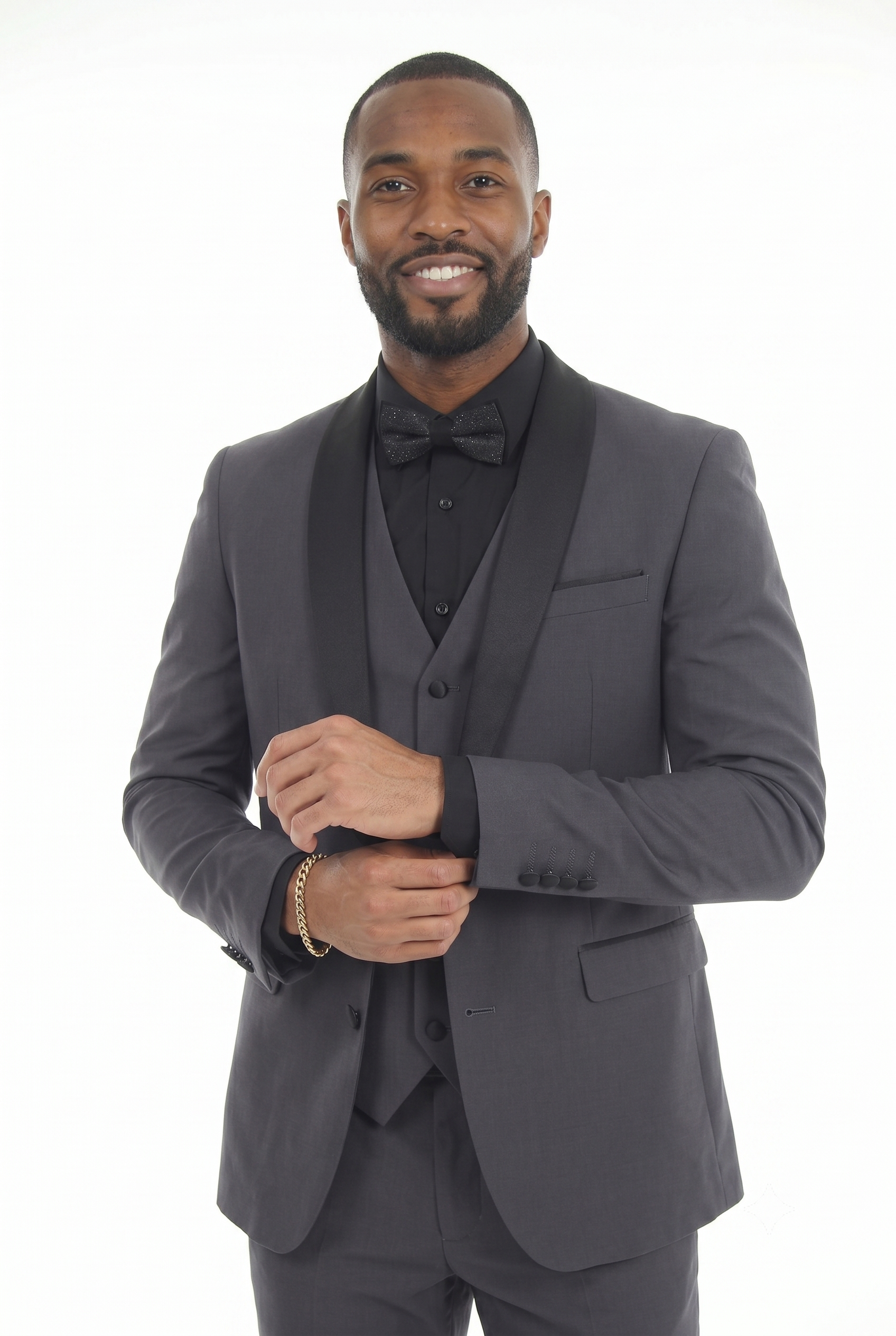 Charcoal 3-Piece Shawl Lapel Tuxedo Suit Slim Fit Jacket, Vest & Expandable Pants Stretch