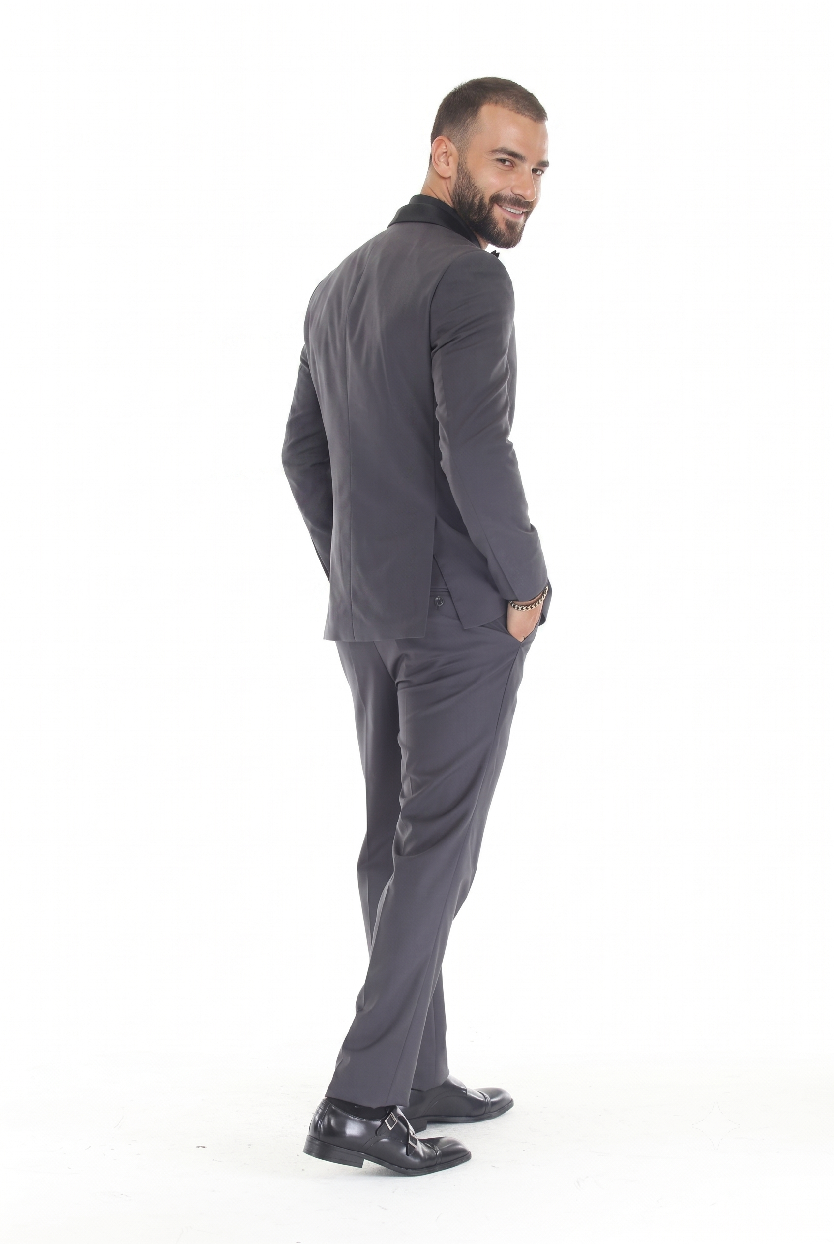 Charcoal 3-Piece Shawl Lapel Tuxedo Suit Slim Fit Jacket, Vest & Expandable Pants Stretch