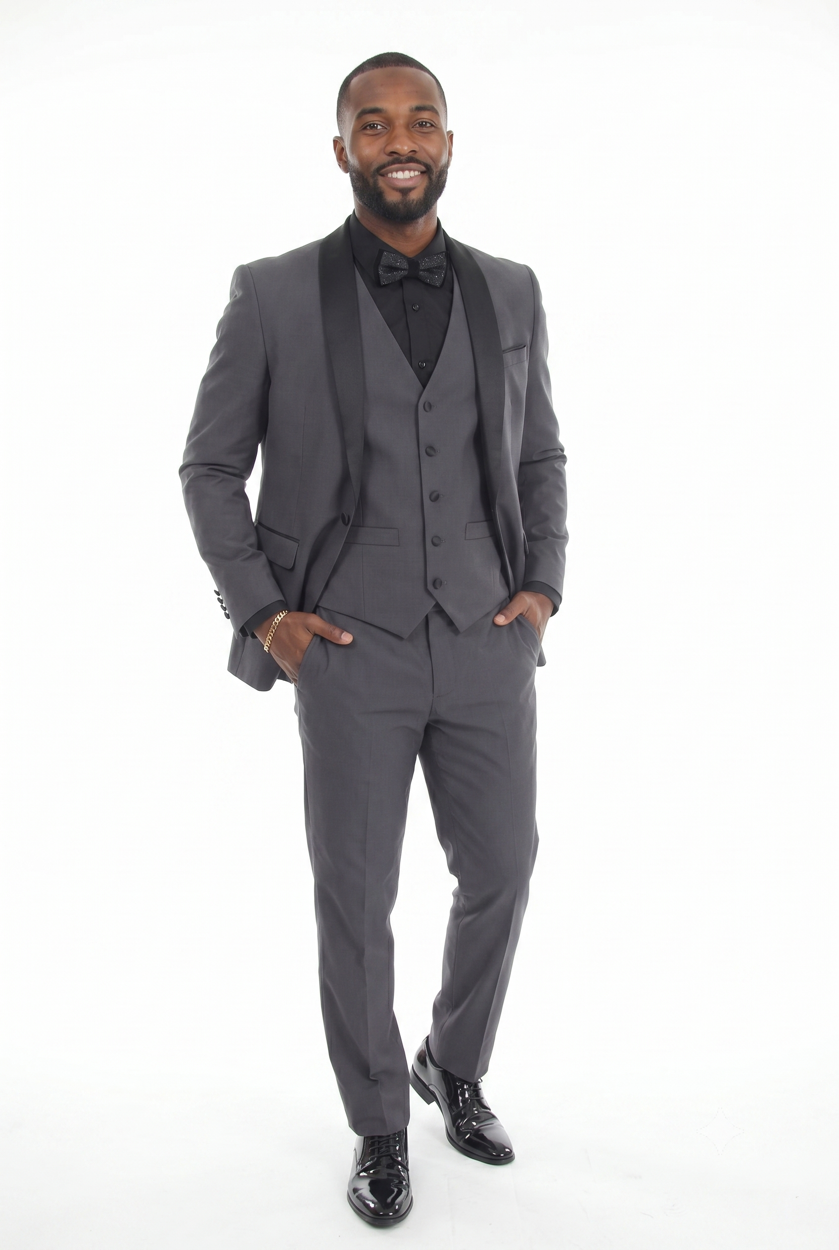 Charcoal 3-Piece Shawl Lapel Tuxedo Suit Slim Fit Jacket, Vest & Expandable Pants Stretch