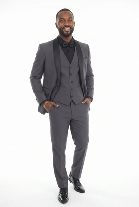 Charcoal 3-Piece Shawl Lapel Tuxedo Suit Slim Fit Jacket, Vest & Expandable Pants Stretch
