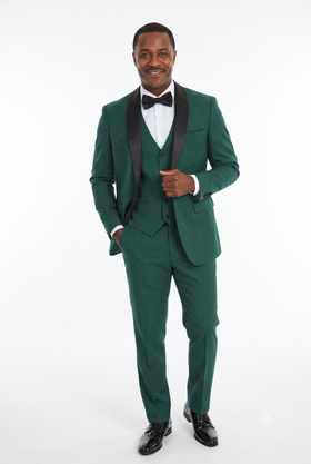Forest Green 3-Piece Shawl Lapel Tuxedo Suit Slim Fit Jacket, Vest & Expandable Pants Stretch