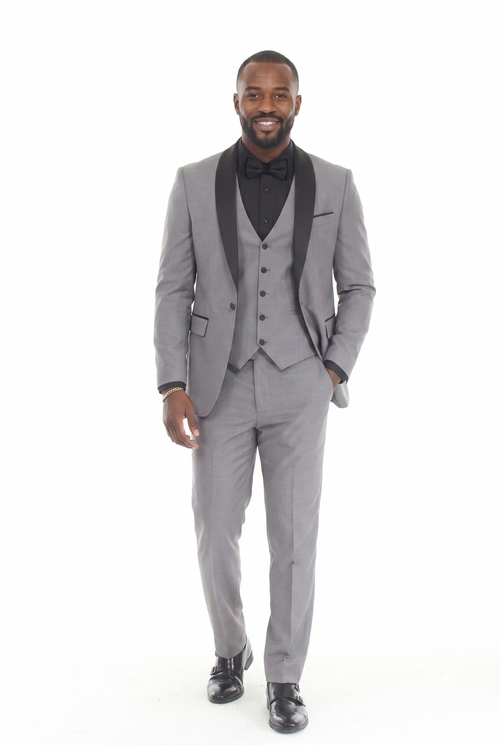 MD Gray 3-Piece Shawl Lapel Tuxedo Suit Slim Fit Jacket, Vest & Expandable Pants Stretch