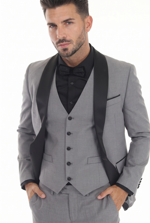MD Gray 3-Piece Shawl Lapel Tuxedo Suit Slim Fit Jacket, Vest & Expandable Pants Stretch