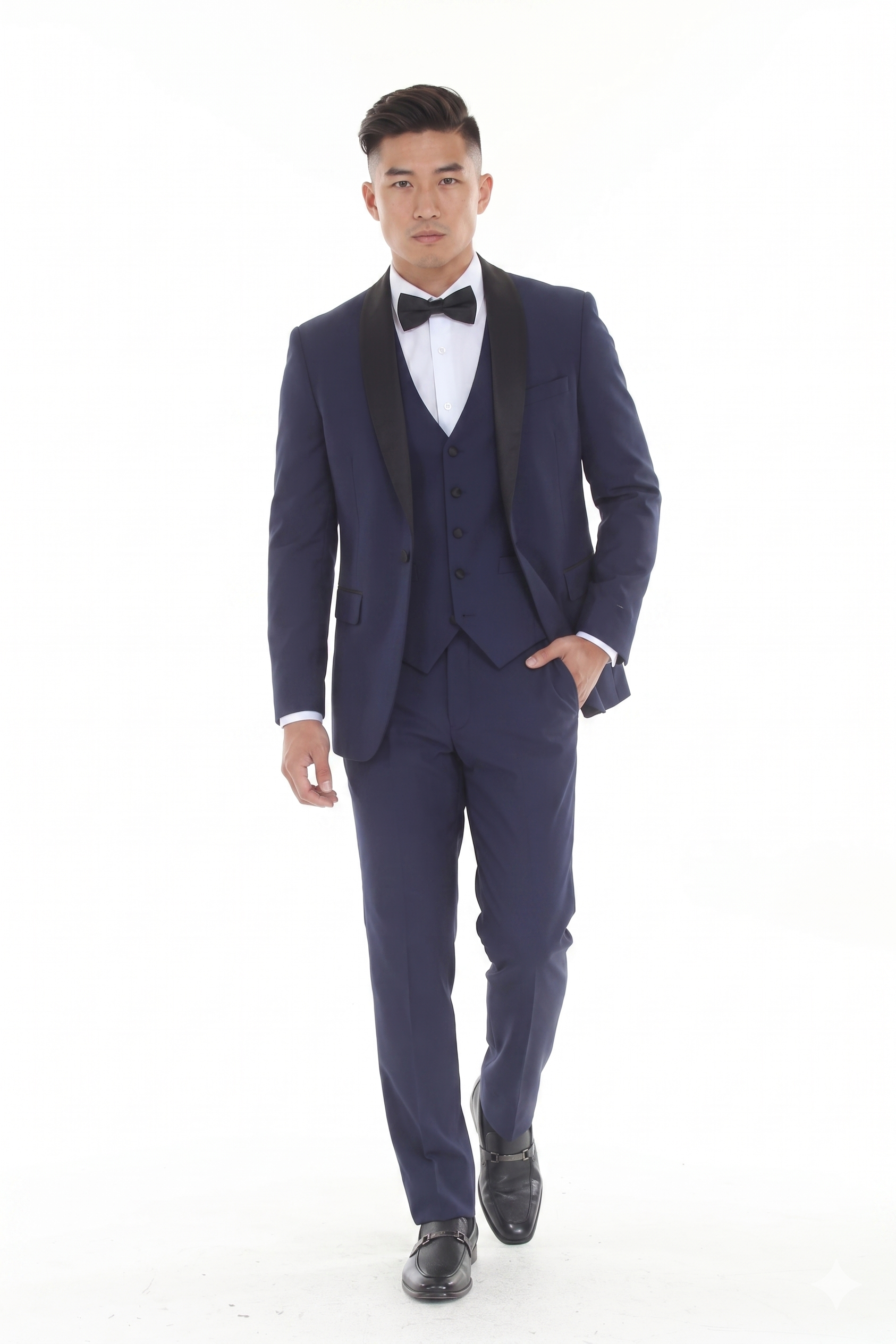 Navy 3-Piece Shawl Lapel Tuxedo Suit Slim Fit Jacket, Vest & Expandable Pants Stretch