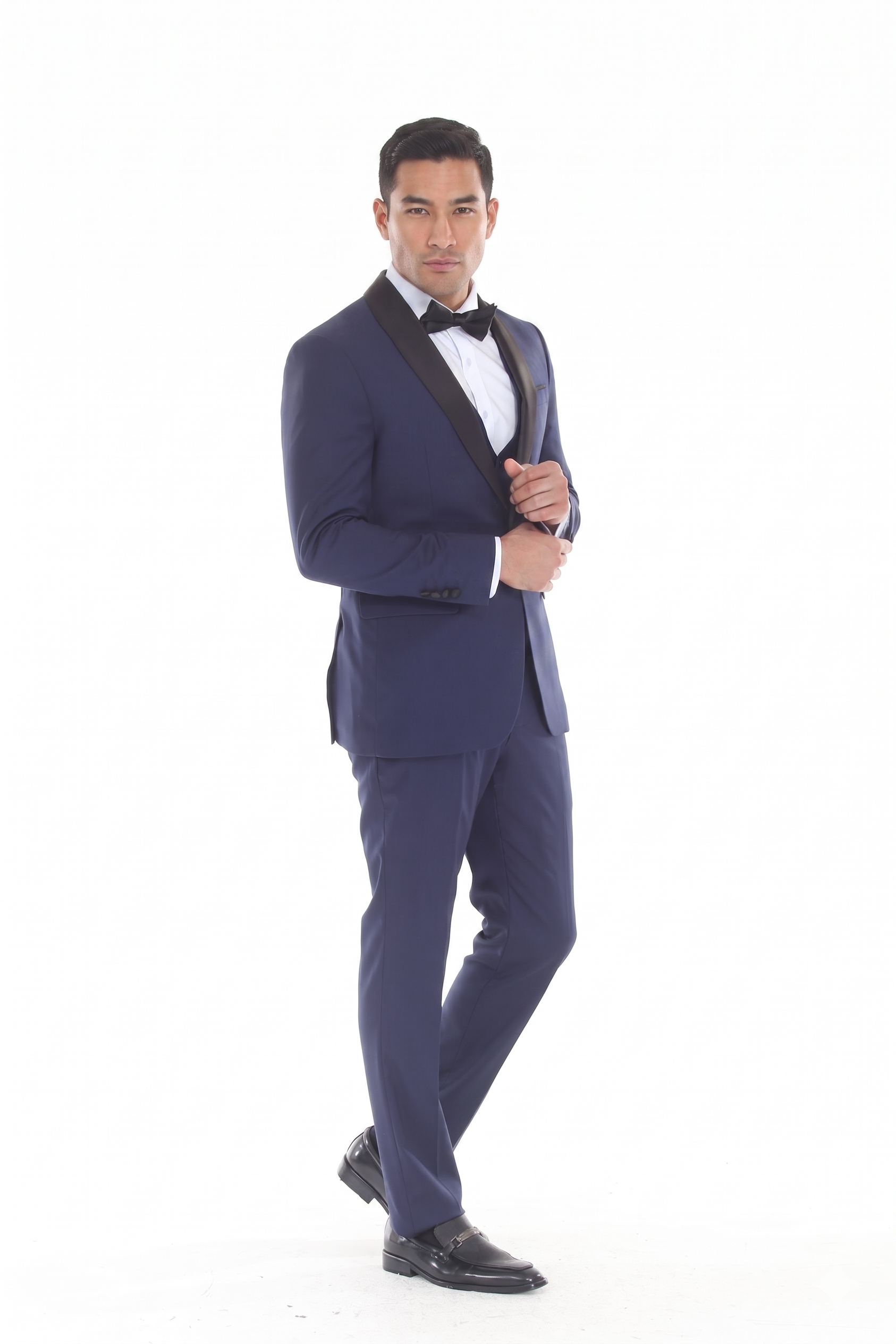 Navy 3-Piece Shawl Lapel Tuxedo Suit Slim Fit Jacket, Vest & Expandable Pants Stretch