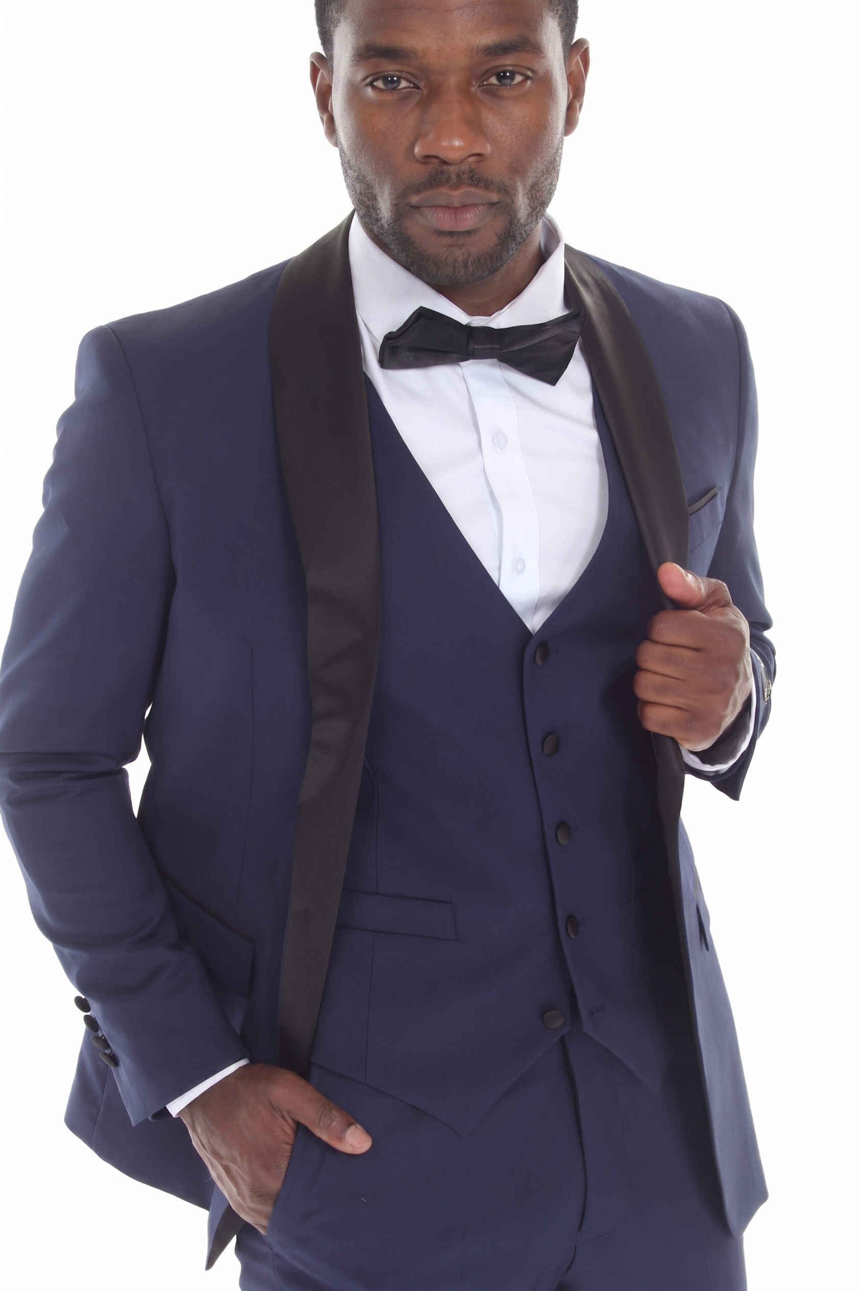 Navy 3-Piece Shawl Lapel Tuxedo Suit Slim Fit Jacket, Vest & Expandable Pants Stretch