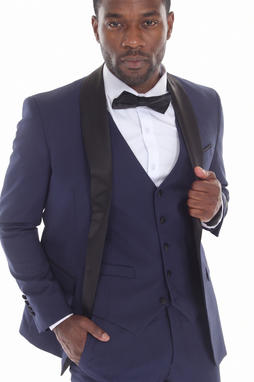 Navy 3-Piece Shawl Lapel Tuxedo Suit Slim Fit Jacket, Vest & Expandable Pants Stretch