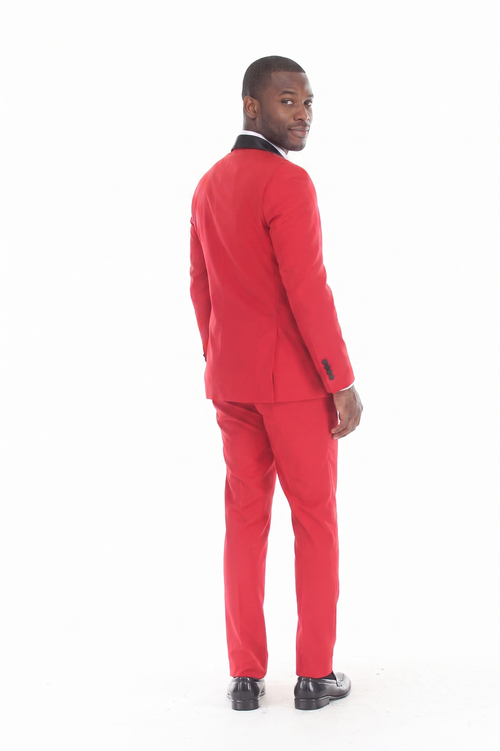 Red 3-Piece Shawl Lapel Tuxedo Suit Slim Fit Jacket, Vest & Expandable Pants Stretch