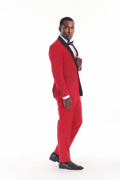 Red 3-Piece Shawl Lapel Tuxedo Suit Slim Fit Jacket, Vest & Expandable Pants Stretch