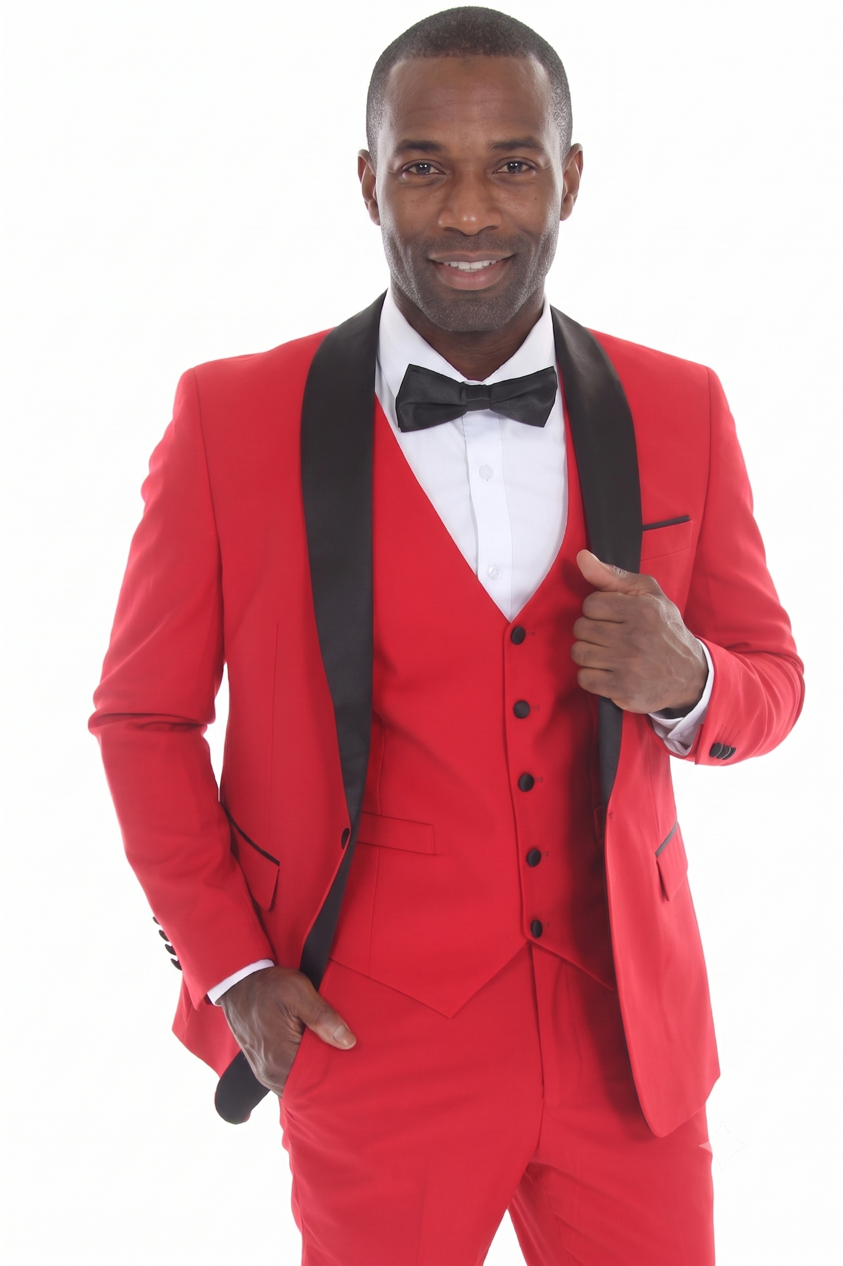 Red 3-Piece Shawl Lapel Tuxedo Suit Slim Fit Jacket, Vest & Expandable Pants Stretch