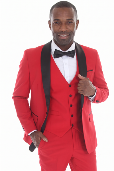 Red 3-Piece Shawl Lapel Tuxedo Suit Slim Fit Jacket, Vest & Expandable Pants Stretch
