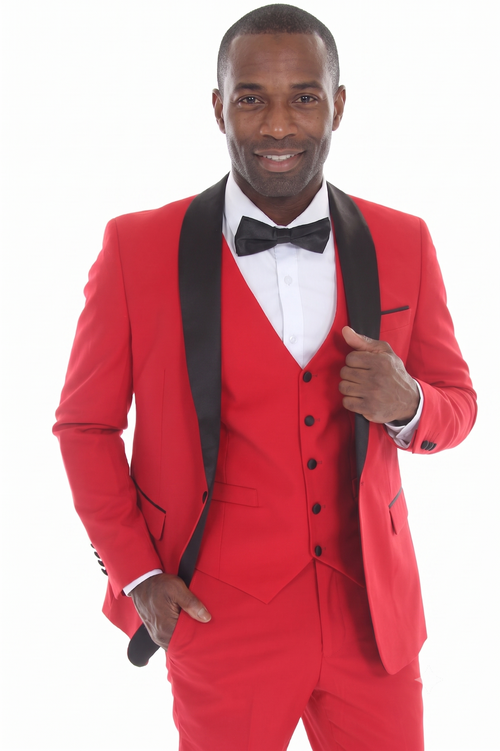 Red 3-Piece Shawl Lapel Tuxedo Suit Slim Fit Jacket, Vest & Expandable Pants Stretch