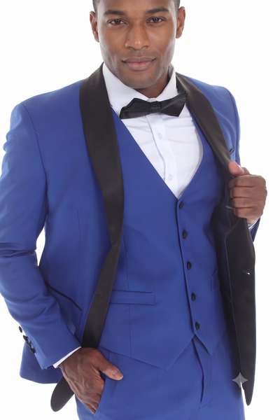 Royal Blue 3-Piece Shawl Lapel Tuxedo Suit Slim Fit Jacket, Vest & Expandable Pants Stretch