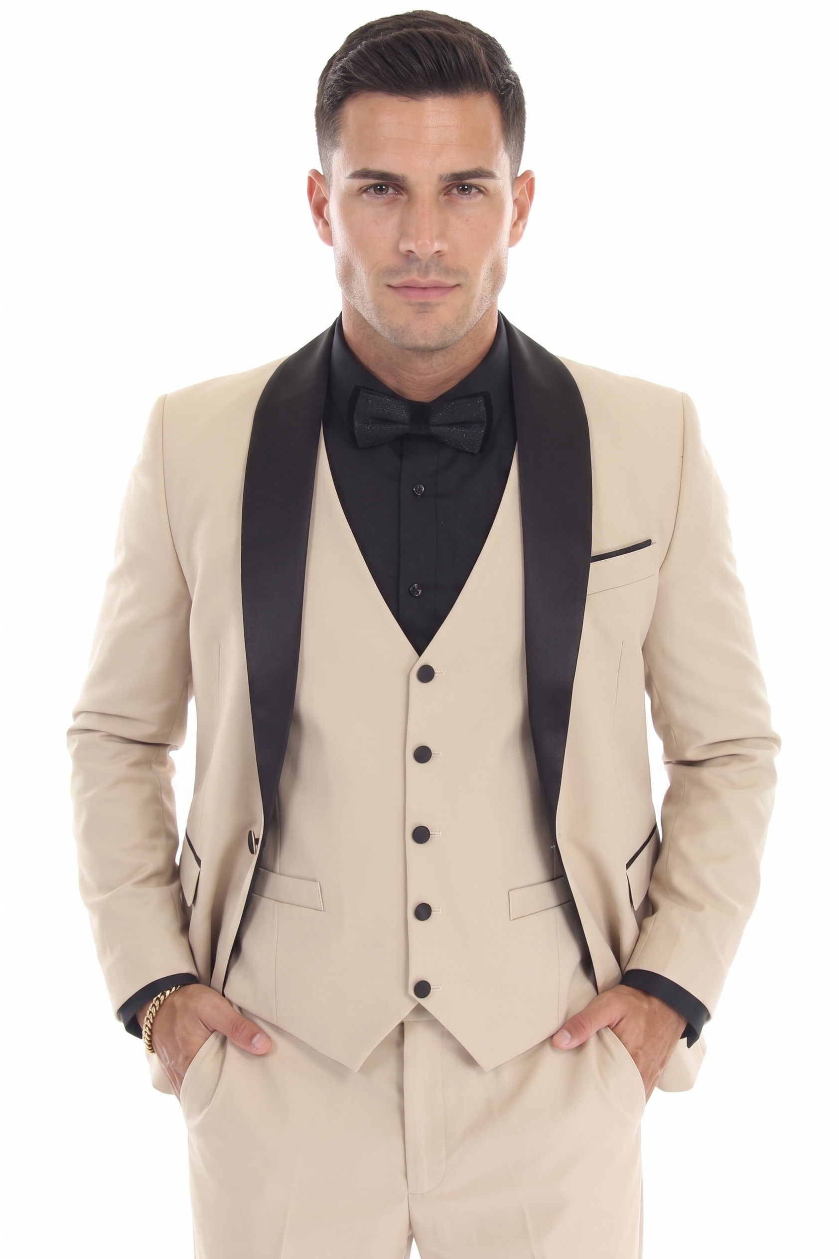 Tan 3-Piece Shawl Lapel Tuxedo Suit Slim Fit Jacket, Vest & Expandable Pants Stretch