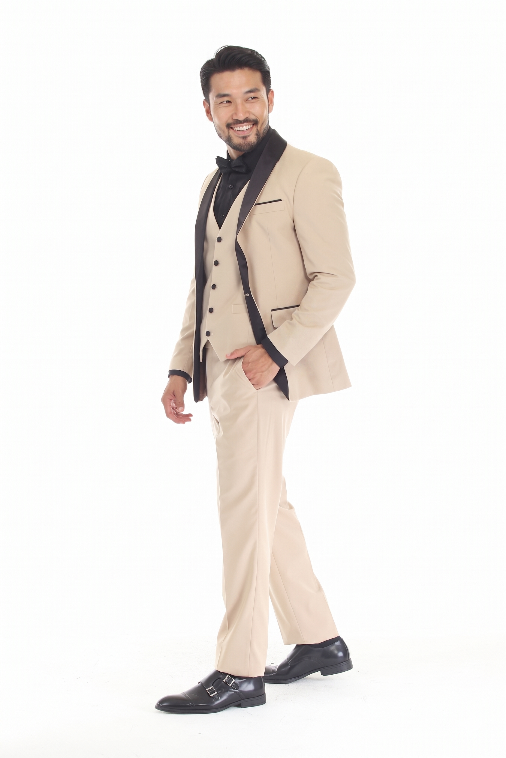 Tan 3-Piece Shawl Lapel Tuxedo Suit Slim Fit Jacket, Vest & Expandable Pants Stretch