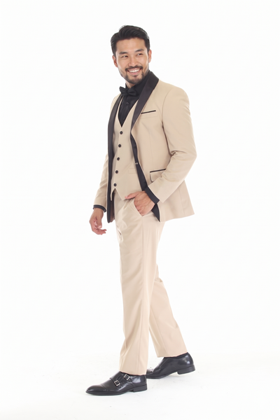 Tan 3-Piece Shawl Lapel Tuxedo Suit Slim Fit Jacket, Vest & Expandable Pants Stretch