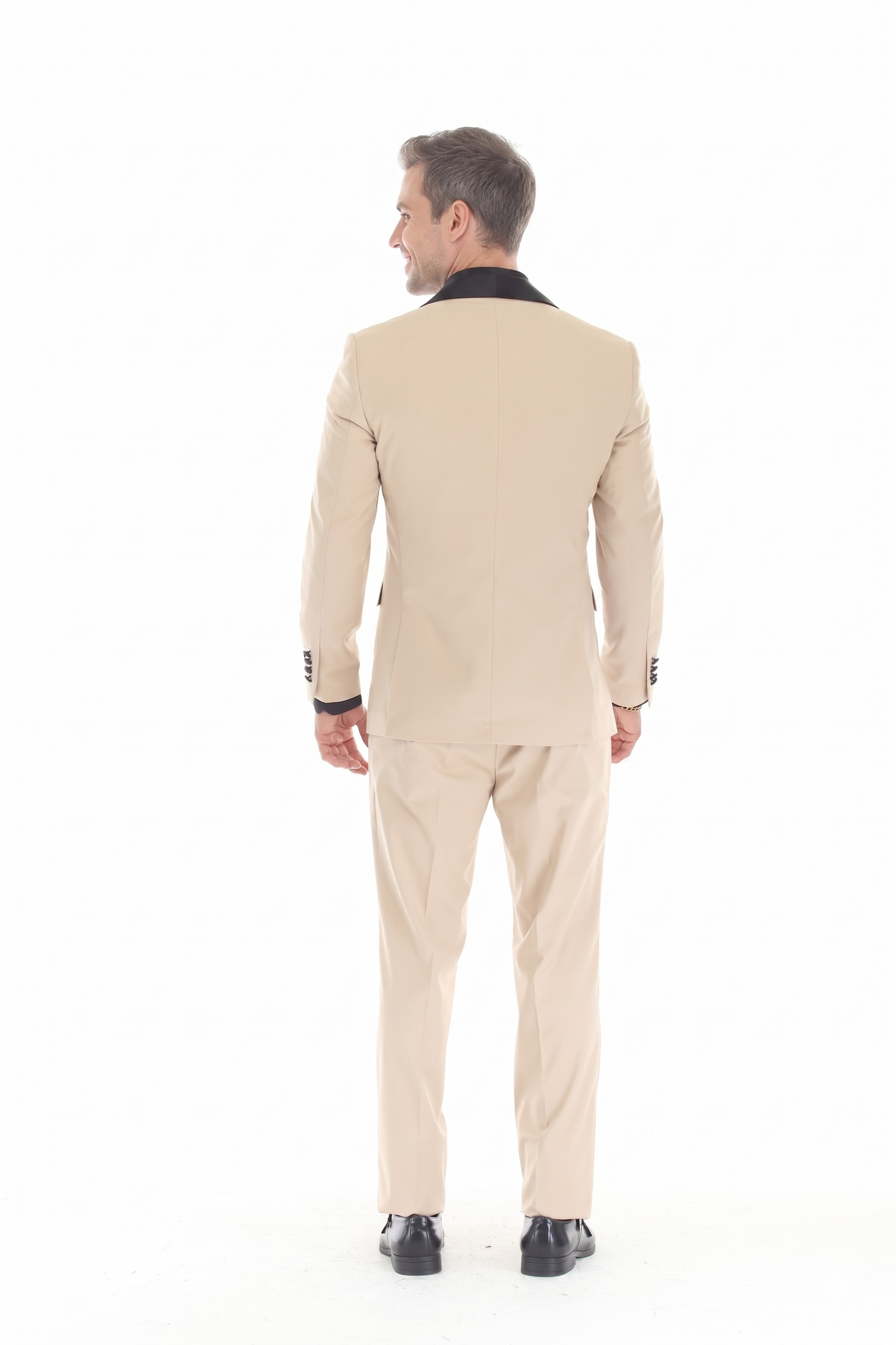 Tan 3-Piece Shawl Lapel Tuxedo Suit Slim Fit Jacket, Vest & Expandable Pants Stretch