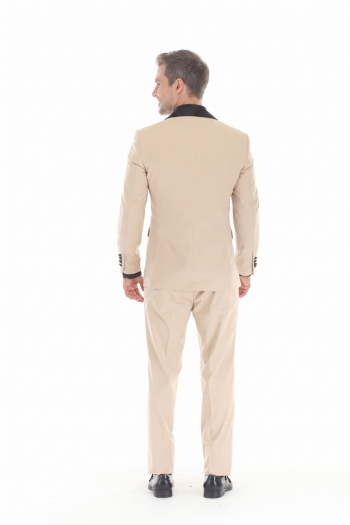 Tan 3-Piece Shawl Lapel Tuxedo Suit Slim Fit Jacket, Vest & Expandable Pants Stretch