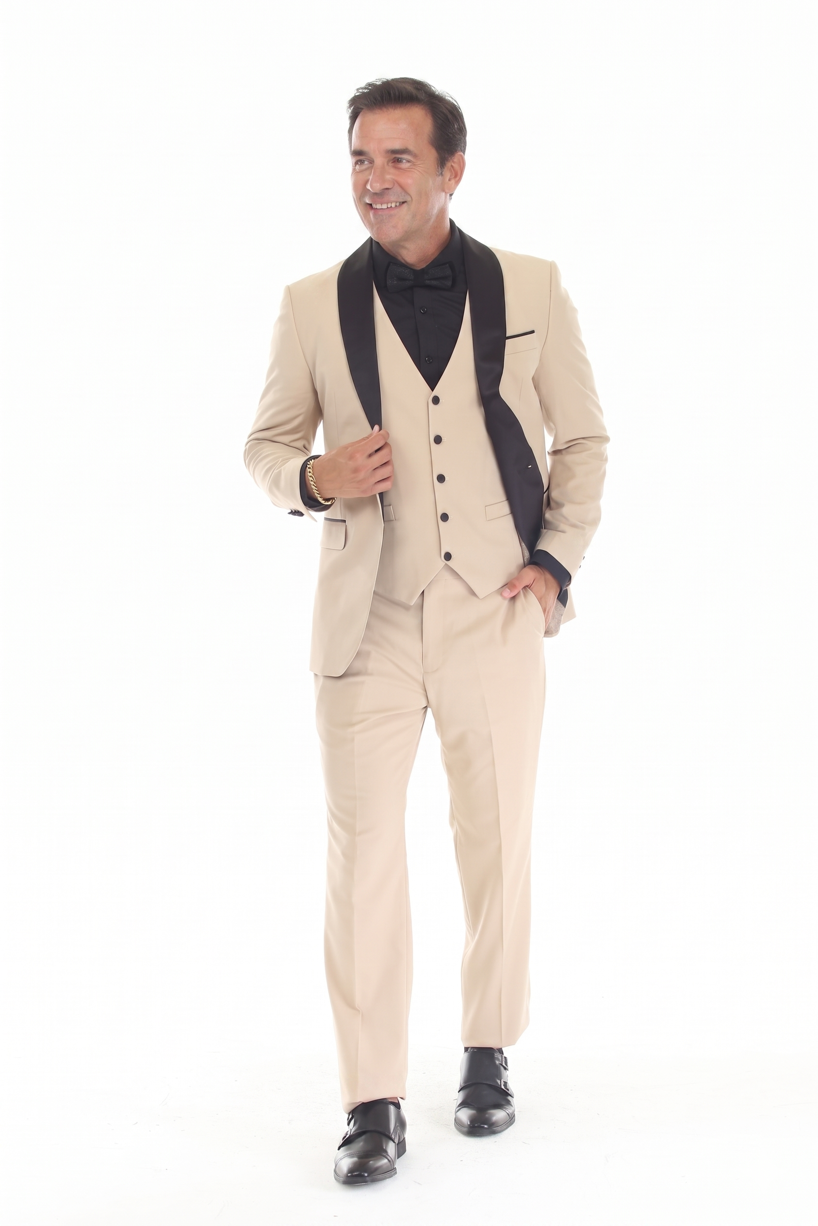Tan 3-Piece Shawl Lapel Tuxedo Suit Slim Fit Jacket, Vest & Expandable Pants Stretch