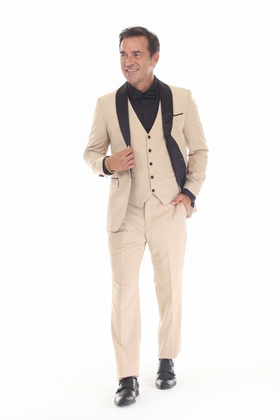 Tan 3-Piece Shawl Lapel Tuxedo Suit Slim Fit Jacket, Vest & Expandable Pants Stretch