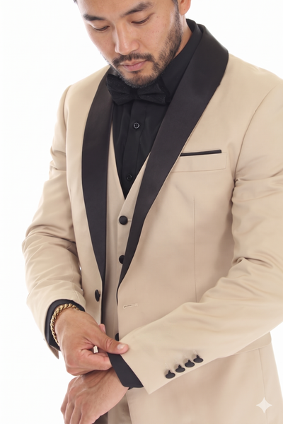 Tan 3-Piece Shawl Lapel Tuxedo Suit Slim Fit Jacket, Vest & Expandable Pants Stretch