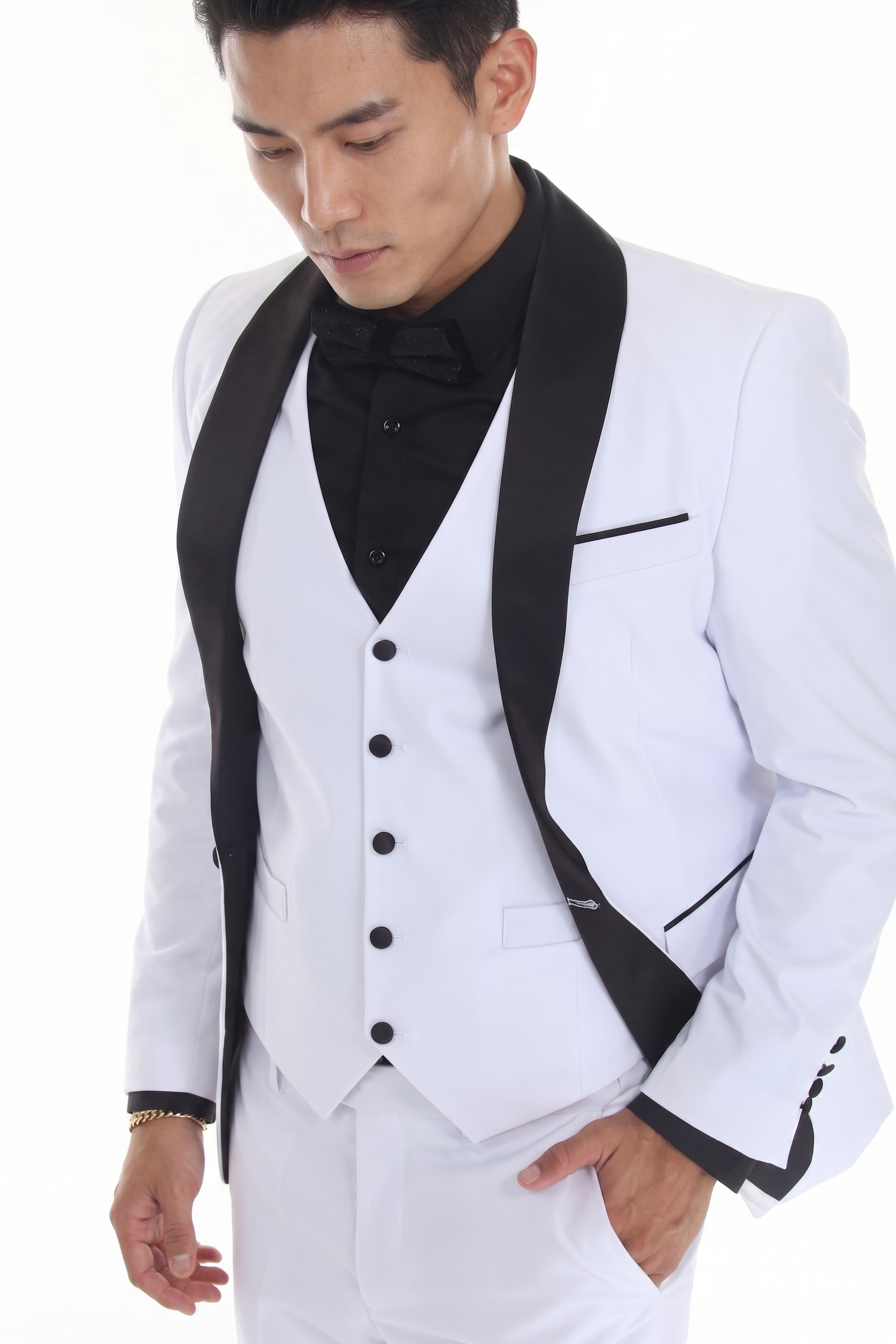 White 3-Piece Shawl Lapel Tuxedo Suit Slim Fit Jacket, Vest & Expandable Pants Stretch