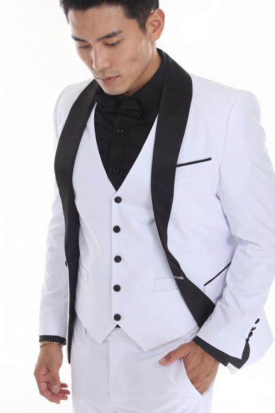 White 3-Piece Shawl Lapel Tuxedo Suit Slim Fit Jacket, Vest & Expandable Pants Stretch