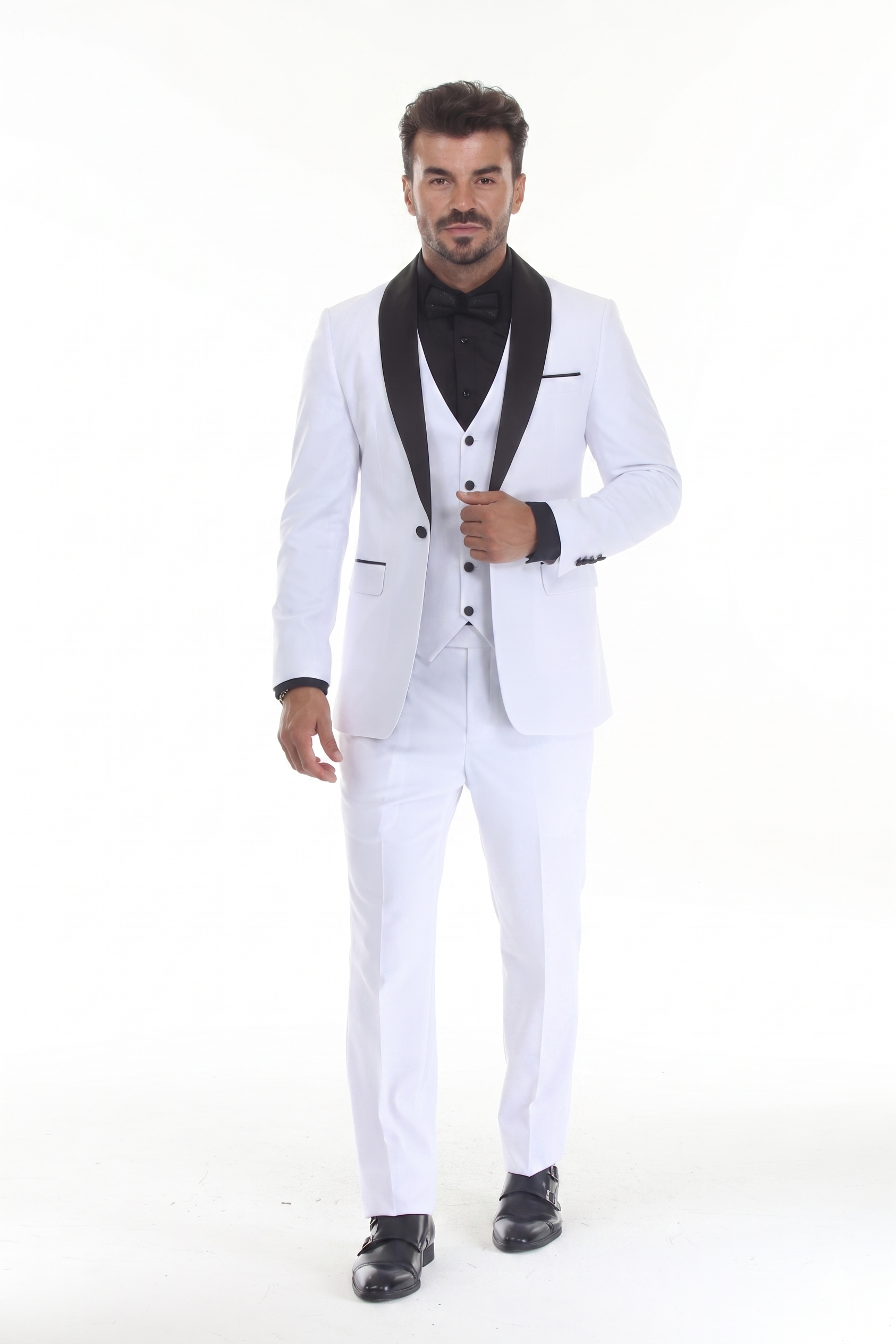 White 3-Piece Shawl Lapel Tuxedo Suit Slim Fit Jacket, Vest & Expandable Pants Stretch