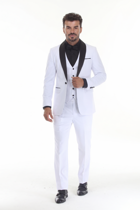 White 3-Piece Shawl Lapel Tuxedo Suit Slim Fit Jacket, Vest & Expandable Pants Stretch